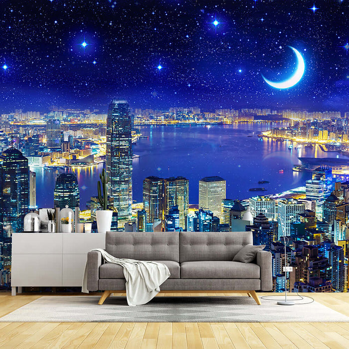 City Night Scene Starry Sky Wallpaper Mural | Romantic Starry Sky Night Scene Decoration - immersive city night view with starry sky and moon over skyline, cozy living room backdrop