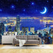 City Night Scene Starry Sky Wallpaper Mural | Romantic Starry Sky Night Scene Decoration - immersive city night view with starry sky and moon over skyline, cozy living room backdrop