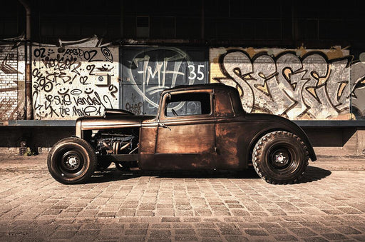 Classic car wallpaper mural | A rusty old car sits quietly - Carving wallpaper