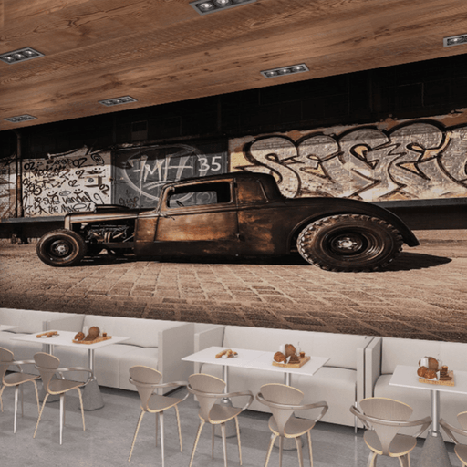 Classic car wallpaper mural | A rusty old car sits quietly - Carving wallpaper