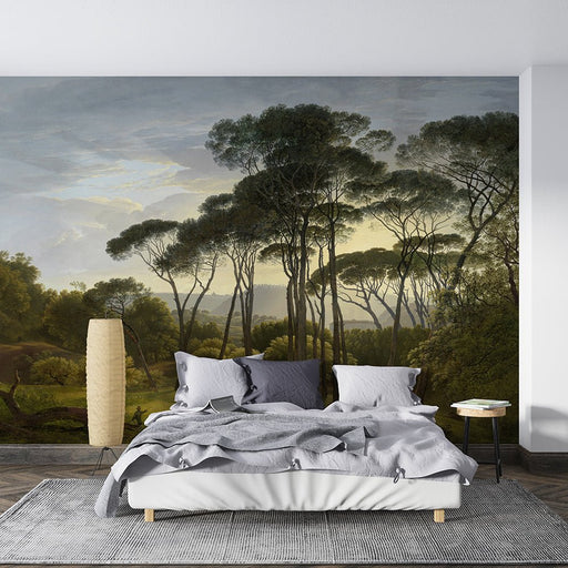 "Classic European Landscape Wallpaper Mural | Forest & Meadow Oil Painting | Elegant Living Room & Bedroom Art" - Carving wallpaper