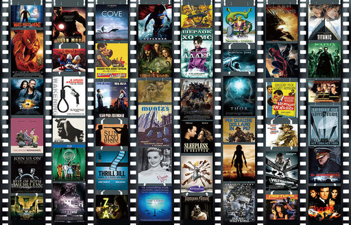 Classic movie poster wallpaper | Retro film style mural: a collage of vintage posters on a filmstrip wall, recreating iconic cinema moments