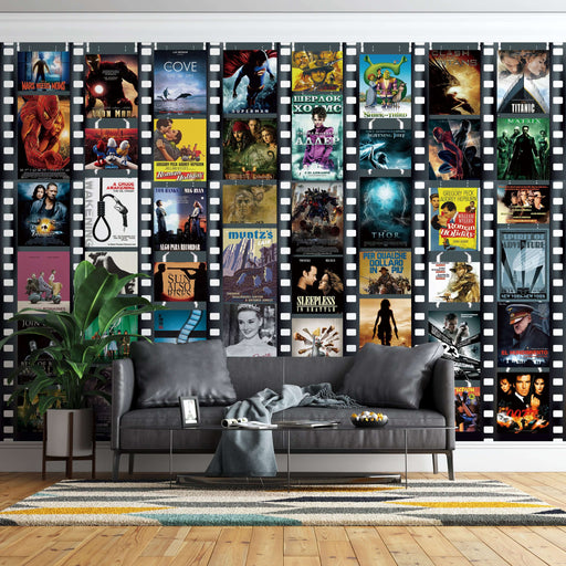 Classic movie poster wallpaper | Retro film style mural featuring a wall of vintage posters and a modern living room setup