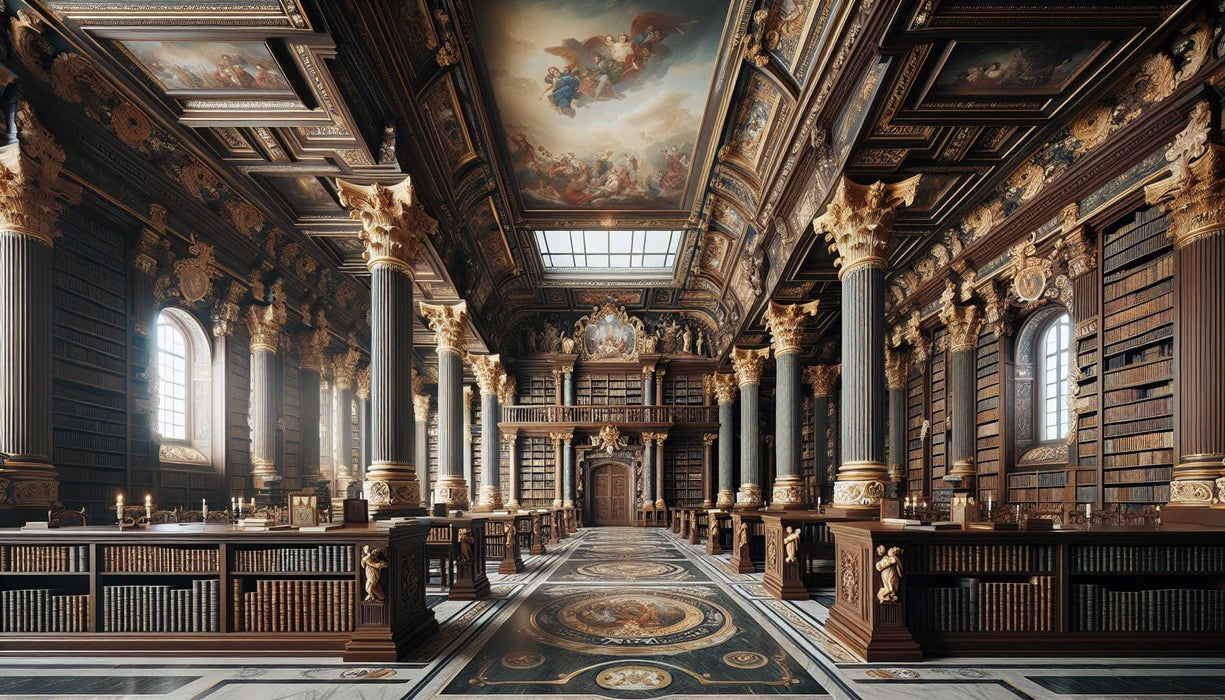 Classical Library Wall Mural | Palatial Ambiance with Gilded Columns & Ceiling Frescoes