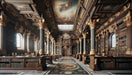Classical Library Wall Mural | Palatial Ambiance with Gilded Columns & Ceiling Frescoes
