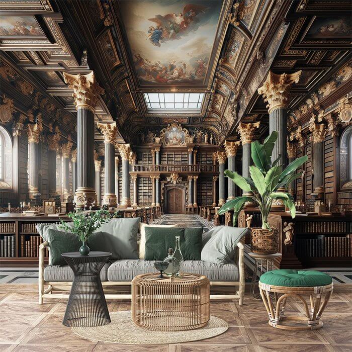 Classical Library Wall Mural | Palatial Ambiance with Gilded Columns & Ceiling Frescoes