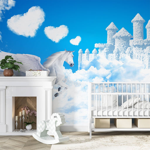 Cloud Flying Horse Wallpaper | Dreamy Flying Horse Castle Mural - Carving wallpaper