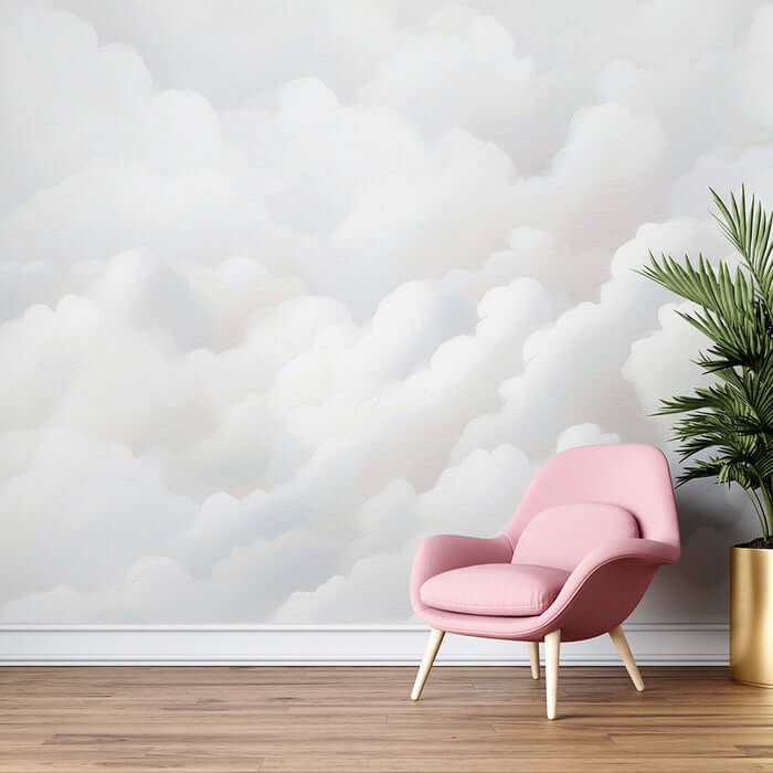 Cloud wallpaper mural | Living room bedroom decorative wall: soft pink chair by a cloud-themed wall for a calming, minimalist look