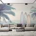 Coastal Surfboard Wallpaper Mural – Beach Vacation Style for Living Room & Bedroom - beachfront surfboards by palm trees with ocean view mural