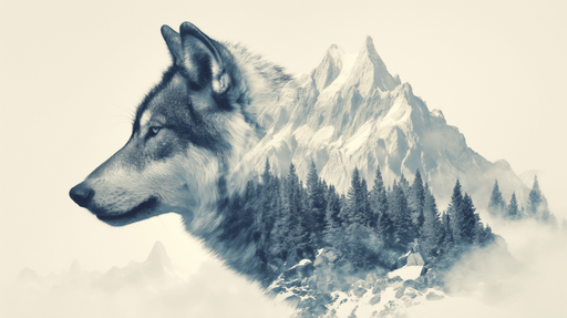 Collage Wallpaper Mural | Wolf and Mountain - Carving wallpaper