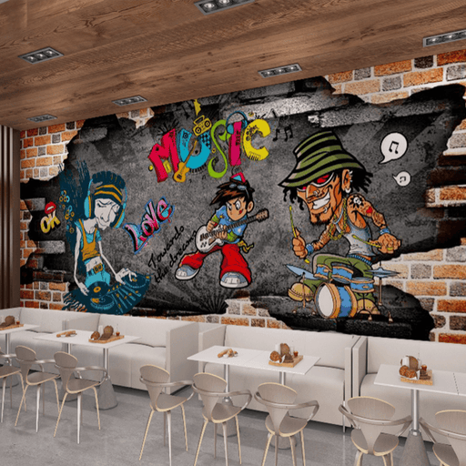 Color graffiti wallpaper mural | brick wall background music elements cartoon performance - Carving wallpaper