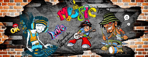 Color graffiti wallpaper mural | brick wall background music elements cartoon performance - Carving wallpaper