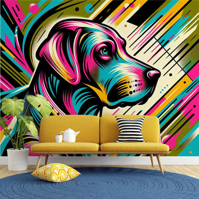 Colorful dog art wallpaper mural featuring a vibrant dog's profile in a stylish living room setting.