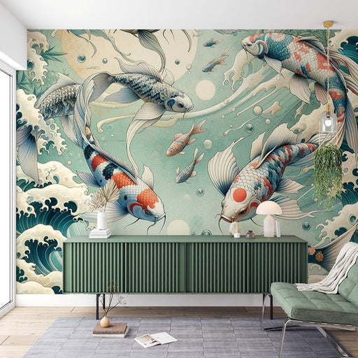 Colorful Fish Wallpaper Mural | Interwoven Colors of Red, White, Blue, Black, etc - Carving wallpaper