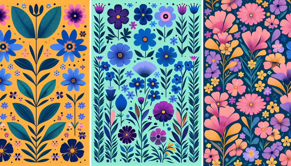 Colorful floral wallpaper mural | Blue purple flowers - Carving wallpaper
