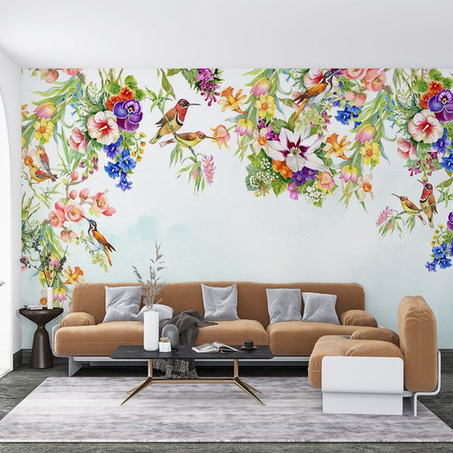 Colorful flower and bird mural wallpaper | Colorful flowers paired with lively birds - Carving wallpaper