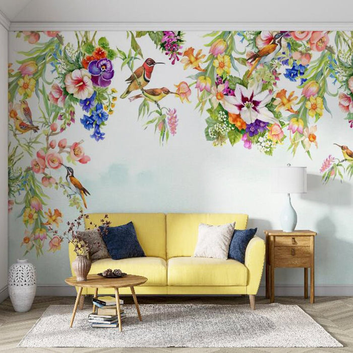 Colorful flower and bird mural wallpaper | Colorful flowers paired with lively birds - Carving wallpaper