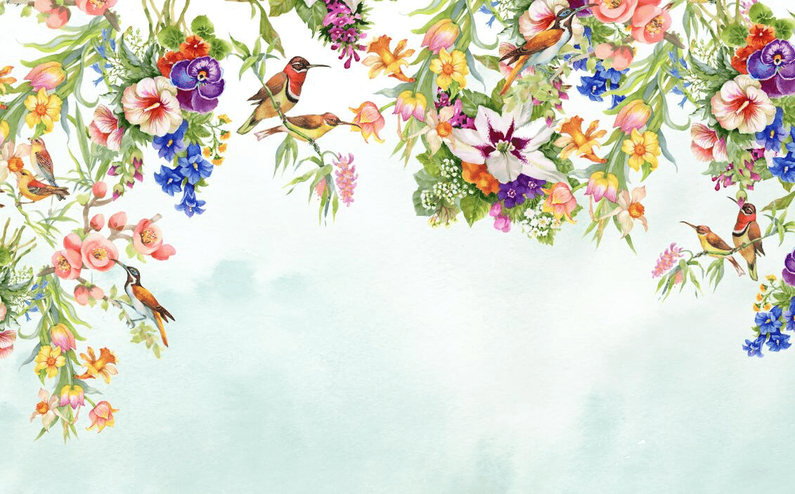 Colorful flower wallpaper mural | With hummingbirds - Carving wallpaper