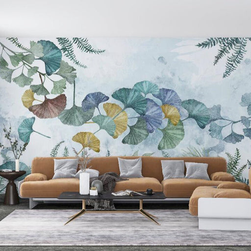 Colorful Ginkgo Leaf Mural | Watercolor Plant Wallpaper - Carving wallpaper