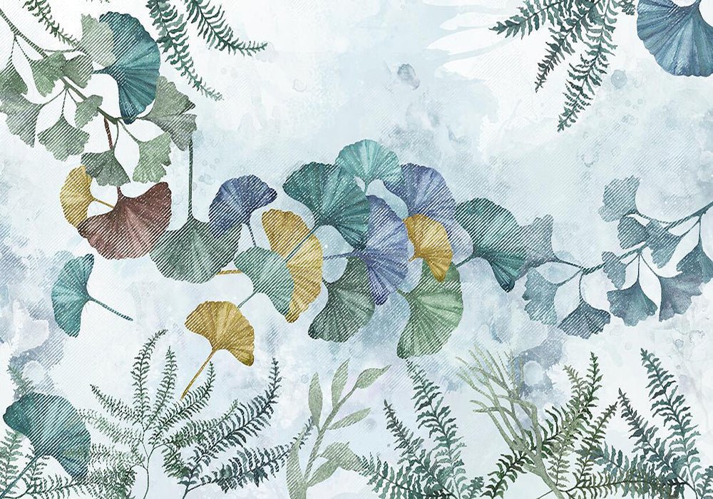 Colorful Ginkgo Leaf Mural | Watercolor Plant Wallpaper - Carving wallpaper