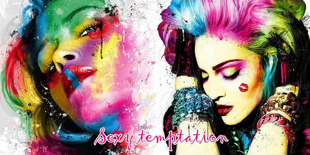 Colorful Ink Splashing Art Character Wallpaper Wallpaper Mural | Fashion showing bold splatter art, vibrant colors, and 'Sexy Temptation' text