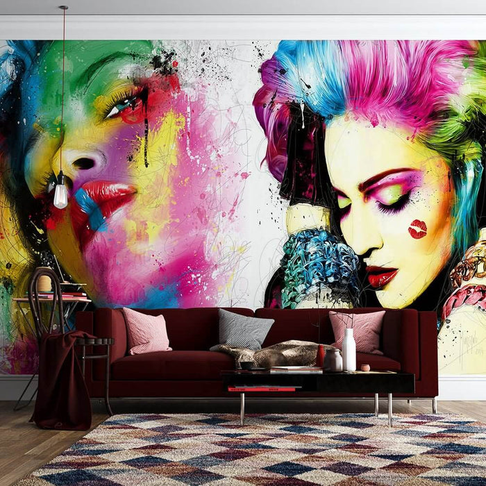 Colorful Ink Splashing Art Character Wallpaper Wallpaper Mural | Fashion with bold splatter portraits of stylized figures in red, green, blue, pink—vibrant, fashionable room decor