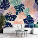 Colorful Leaf Wallpaper Mural | Deep Green, Light Green, Pink Purple - Carving wallpaper