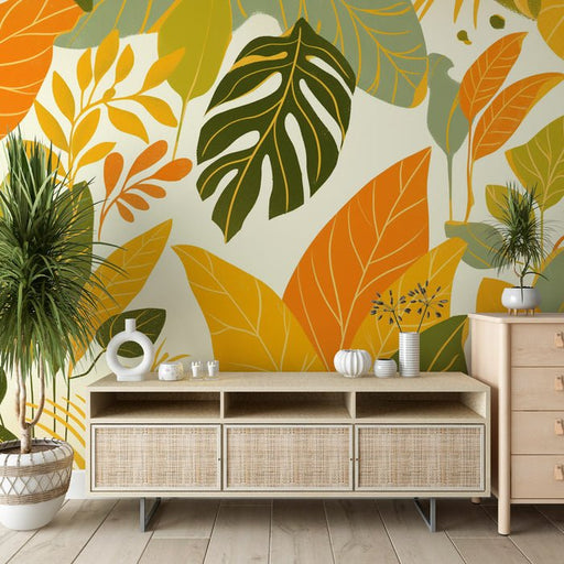 Colorful Leaf Wallpaper Mural | Tropical Plants - Carving wallpaper