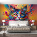Colorful cat wallpaper mural featuring a vibrant cat design with splashes of color in a modern bedroom setting.