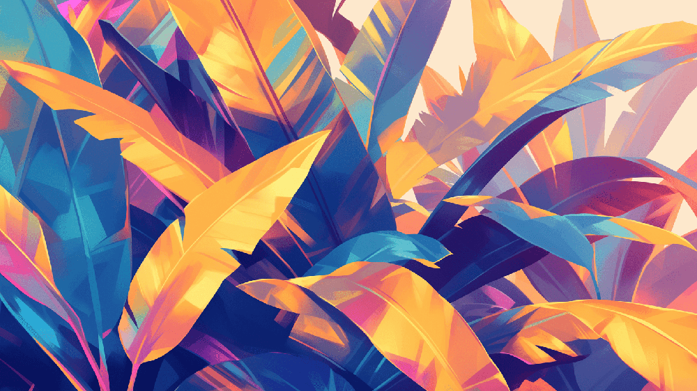 Colorful tropical leaf wallpaper featuring vibrant leaves in blue, orange, and purple hues, ideal for living room decoration.