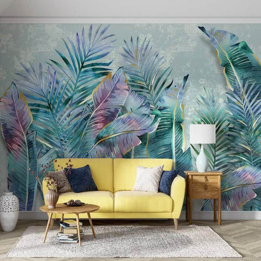 Colorful Palm Leaf Wallpaper | Colorful Tropical Leaf Mural - watercolor style mural with blue-green, purple, and gold tropical leaves on light gray background, ideal for interior decoration
