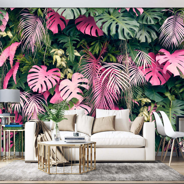 tropical plant wallpaper for living room featuring colorful foliage in a modern setting with a stylish sofa