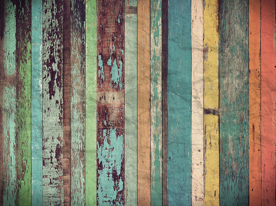 Colorful retro wooden wallpaper decor featuring vintage textured wooden planks in various shades.