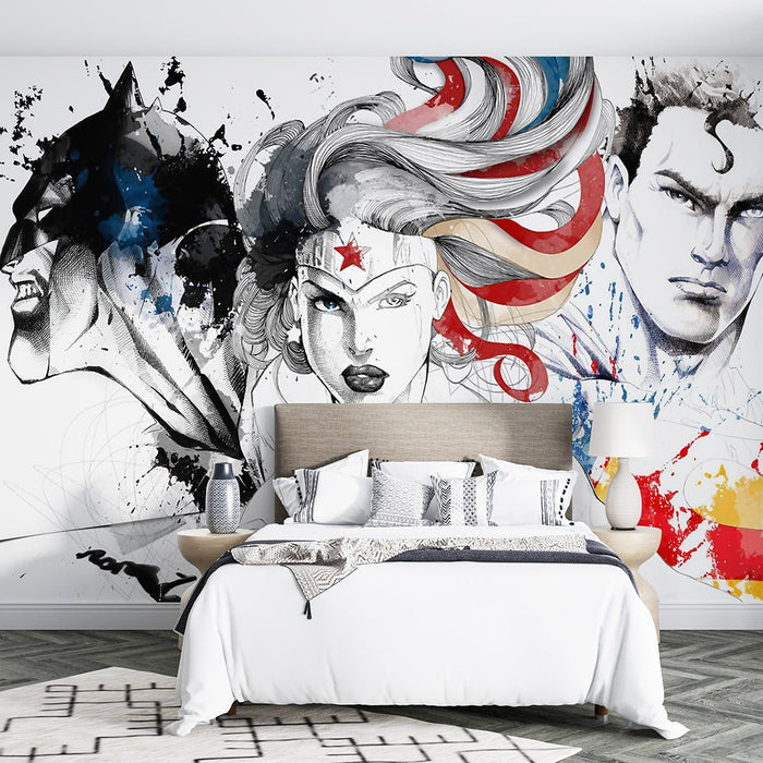 Comic Hero Ink Wallpaper Mural | Black, White, Gray and Dazzling Colors Blend - Carving wallpaper