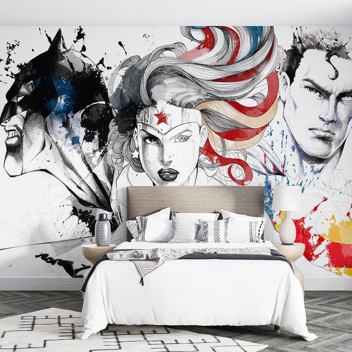 Comic Hero Ink Wallpaper Mural | Black, White, Gray and Dazzling Colors Blend - DC Comics Heroes Ink-Wash mural featuring Batman, Wonder Woman, Superman in vivid color splashes
