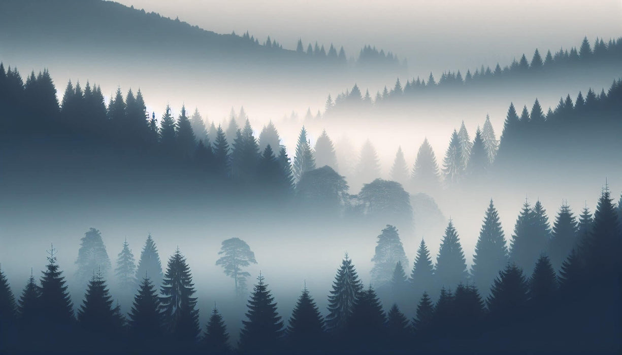 Cool-Toned Misty Forest Wallpaper Mural | Tranquil Pine Décor for Bedroom & Living Room