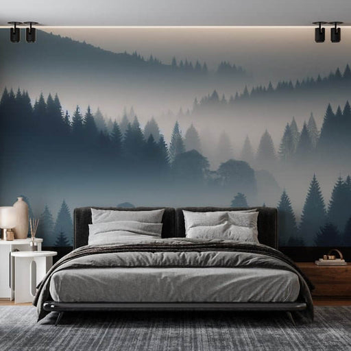 Cool-Toned Misty Forest Wallpaper Mural | Tranquil Pine Décor for Bedroom & Living Room