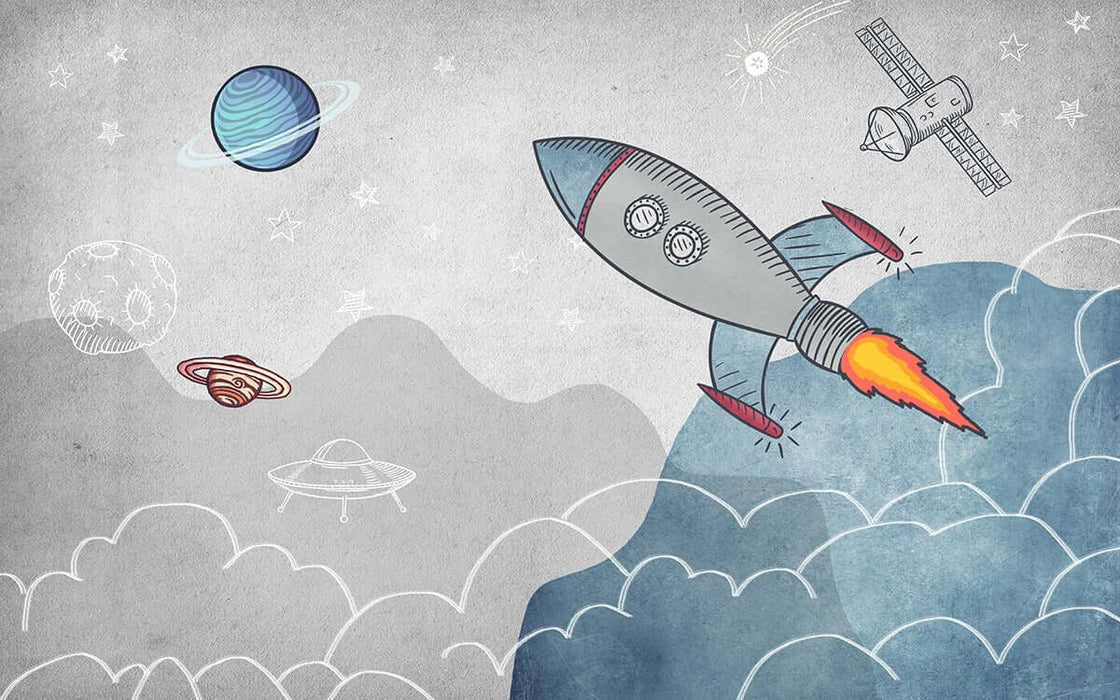 Cosmic Fantasy Wallpaper Mural: Whimsical Space Adventure for Kids' Rooms & Living Spaces — hand-drawn rocket, planets, UFOs in playful space scene