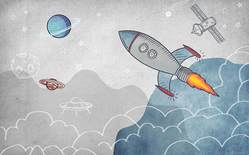 Cosmic Fantasy Wallpaper Mural: Whimsical Space Adventure for Kids' Rooms & Living Spaces — hand-drawn rocket, planets, UFOs in playful space scene