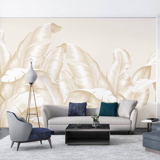 Cream colored banana leaf wallpaper mural | Wabi sabi style bedroom living room wall decoration