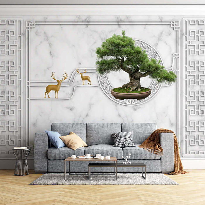 Creating the artistic conception of the entrance with welcoming pine and golden deer wallpaper murals
