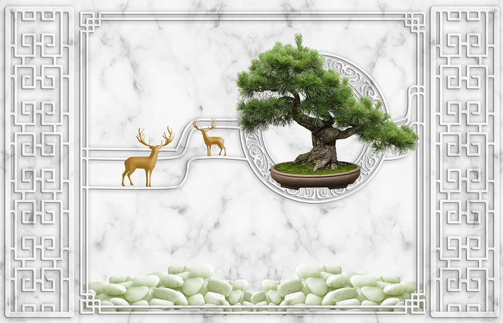 Creating the artistic conception of the entrance with welcoming pine and golden deer wallpaper murals