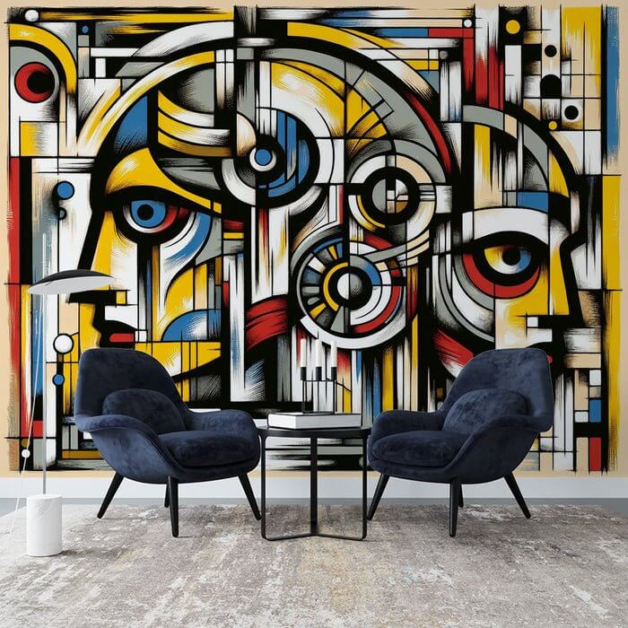 Cubist Character Wallpaper Mural | Bold Geometric Art | Modern Home Statement - vibrant cubist mural with yellow, blue, red geometric forms in a contemporary living space