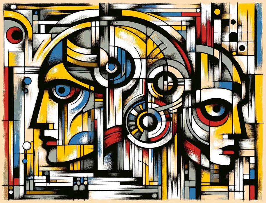Cubist Character Wallpaper Mural | Bold Geometric Art | Modern Home Statement - a vibrant cubist mural with interlocking yellow, blue, red, black shapes forming abstract human figures