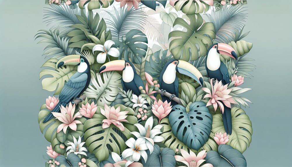 Custom Tropical Toucan Mural | Elephants, Emus & Leopards in Lush Jungle - tropical toucan mural with vibrant rainforest leaves and pink flowers
