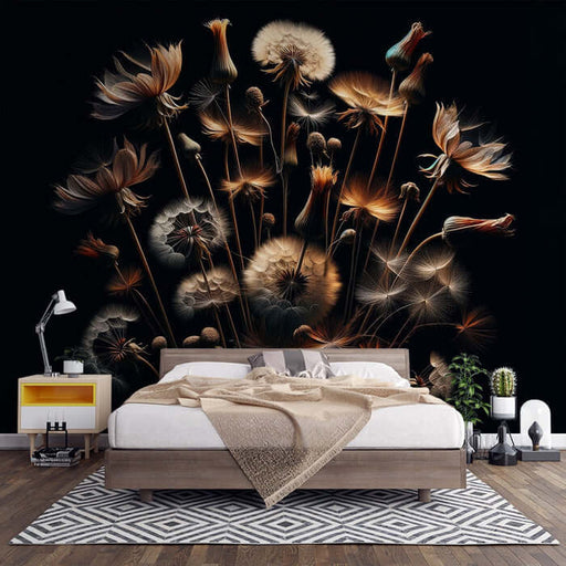 Dandelion Wallpaper | Living Room and Bedroom Decorative Murals - dark gilded dandelion on black background for living room and bedroom wall decor