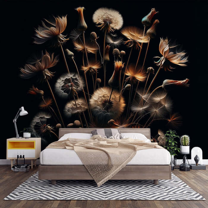 Dandelion Wallpaper | Living Room and Bedroom Decorative Murals - dark gilded dandelion on black background for living room and bedroom wall decor