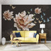 Dark Academia Botanical Wallpaper: Cortisol-Reducing Bedroom Sanctuary — 3D embossed floral mural with large pink peonies, butterflies, modern Asian influence, black backdrop
