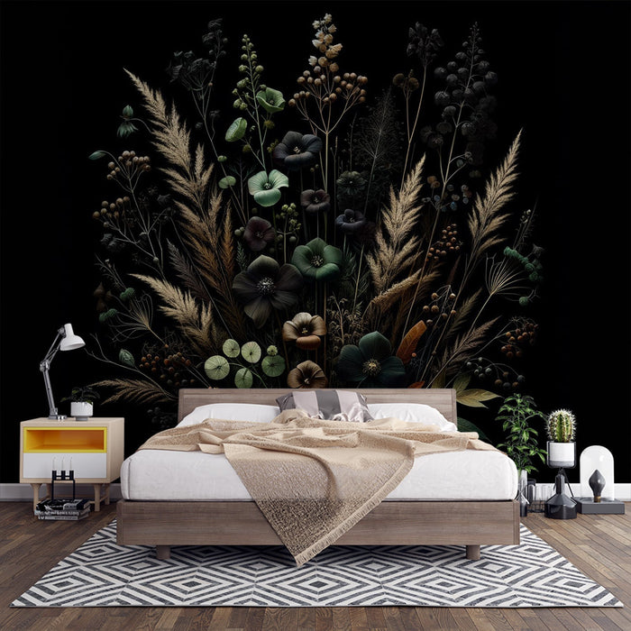 Dark floral wallpaper mural | Black background - Carving wallpaper