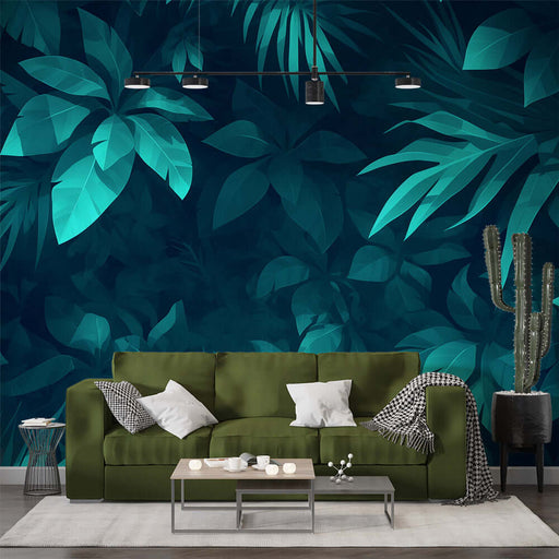 Dark leaf wallpaper | Living room and bedroom decorative murals with deep green rainforest leaves backdrop, perfect for luxurious, serene living spaces